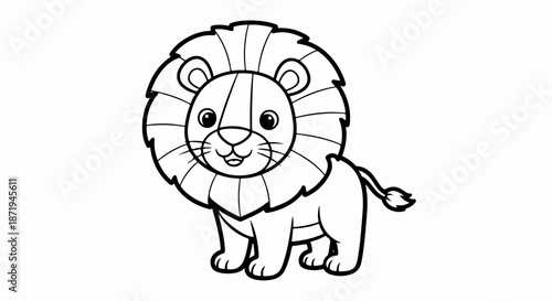 Friendly cartoon lion illustration with big mane on clean white background. Cute outline drawing of cartoon lion, depicting majestic creature in playful style.