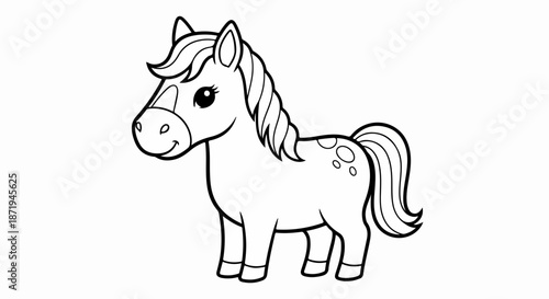 Black and white cartoon horse outline drawing for children's coloring page. Adorable cartoon horse features simple lines, happy expression, cute spots on body.