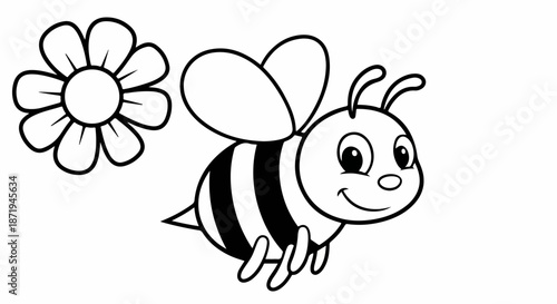 Cute bee coloring page with friendly cartoon insect flying near simple daisy flower outline. Bee coloring page activity promotes creativity and fine motor skills for children,