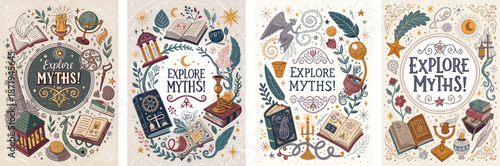 Four creative poster designs for a mythology book fair showcase mythic themes and imagination