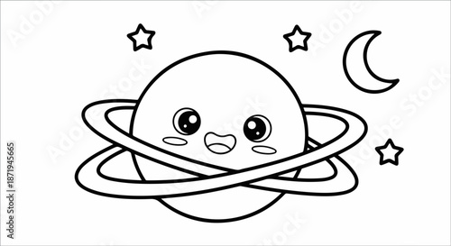 Cheerful cartoon planet with smiling face and distinct rings floating among stars. Playful cartoon planet illustration includes a crescent moon,