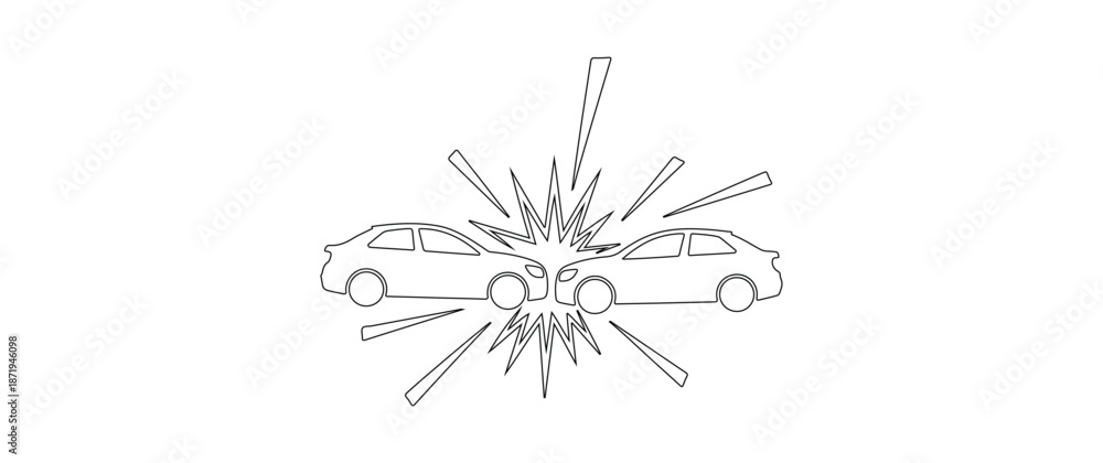 Obraz premium Head-on car crash line art illustration, outline of vehicle collision accident, auto impact icon
