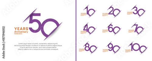 set of anniversary logo style with slash. vector design purple and orange color for celebration
