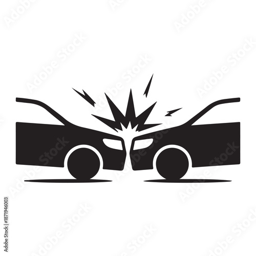 Frontal car accident silhouette, vehicle collision impact icon, automotive insurance concept