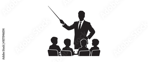 Silhouette of a professor teaching students in a classroom, mentor giving a lecture with pointer