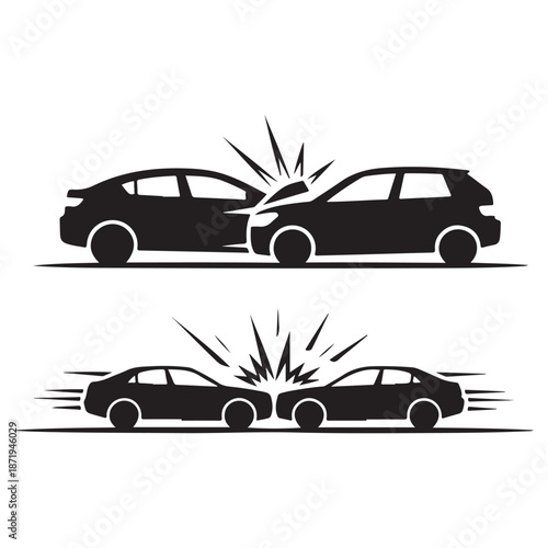 Set of car collision silhouettes, rear-end and head-on vehicle accident icons, auto crash graphics