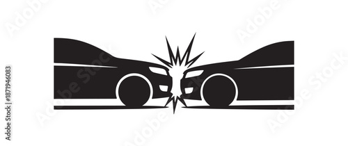 Head-on car accident silhouette icon, automotive collision impact symbol, car crash graphic