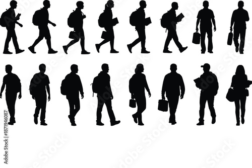 Black silhouettes of students and commuters walking with backpacks, books, bags, everyday activity poses for education and design illustration