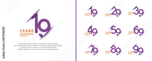 set of anniversary logo style with slash. vector design purple and orange color for celebration