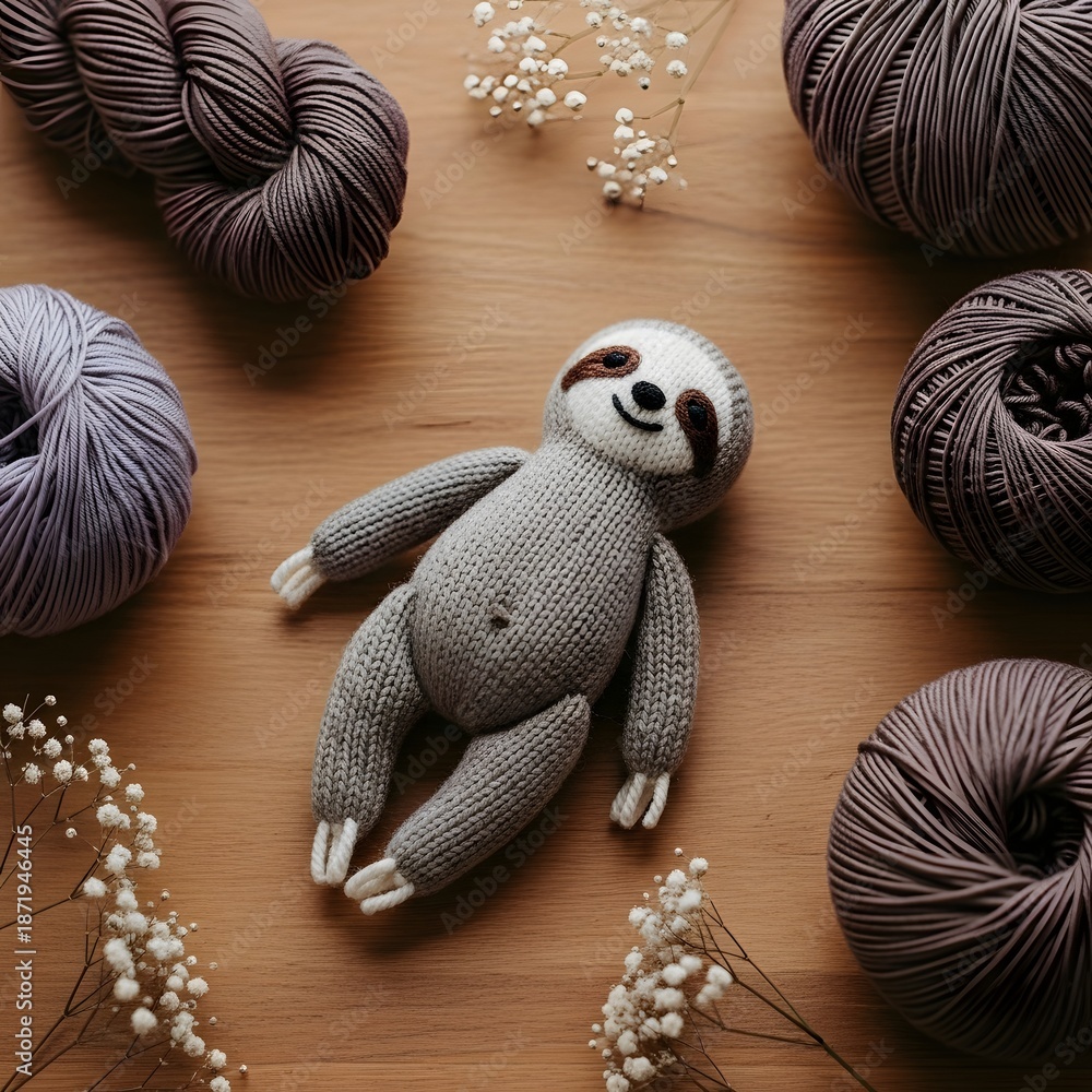 Obraz premium Adorable sloth toy surrounded by yarn balls on wooden surface