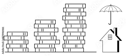 Wealth management, savings, investment, insurance, property, security. Stacks of coins, umbrella and a house. Wealth management and financial security by symbols of saving and protection