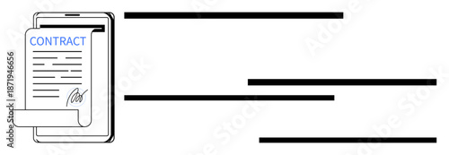 Contract document with a signature displayed on a digital tablet, suggesting online agreements and e-signatures. Ideal for business, legal, technology, digital transformation, remote work