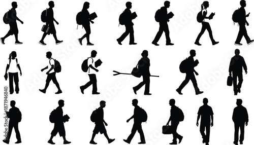 Silhouettes of diverse students and pedestrians walking with backpacks, books, and bags, representing urban lifestyle, education, and everyday human movement