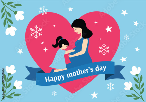 Happy Mothers Day illustration with loving mother and daughter heart banner floral vector design