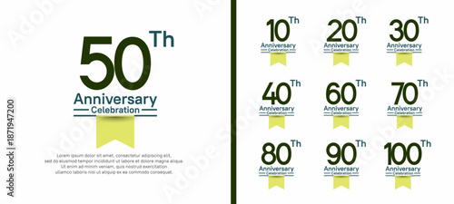 set of anniversary logo style with yellow ribbon. vector design green color for celebration