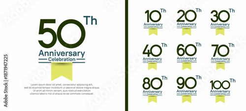 set of anniversary logo style with yellow ribbon. vector design green color for celebration