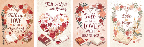 Dreamy romantic book fair creative posters with floral and love themes