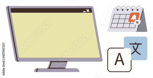 Productivity, scheduling, translation, technology, multilingual, task management. Computer monitor with a desktop calendar alert and language translation icons. Productivity and scheduling concept