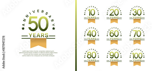 set of anniversary logo style with yellow ribbon. vector design green color for celebration