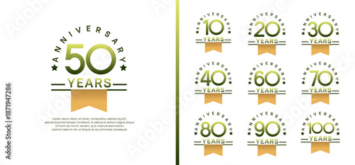 set of anniversary logo style with yellow ribbon. vector design green color for celebration