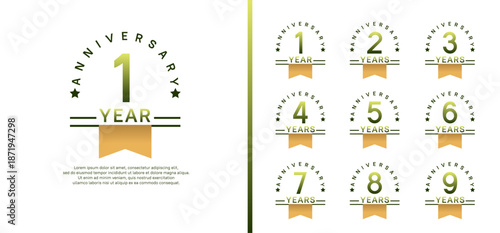 set of anniversary logo style with yellow ribbon. vector design green color for celebration