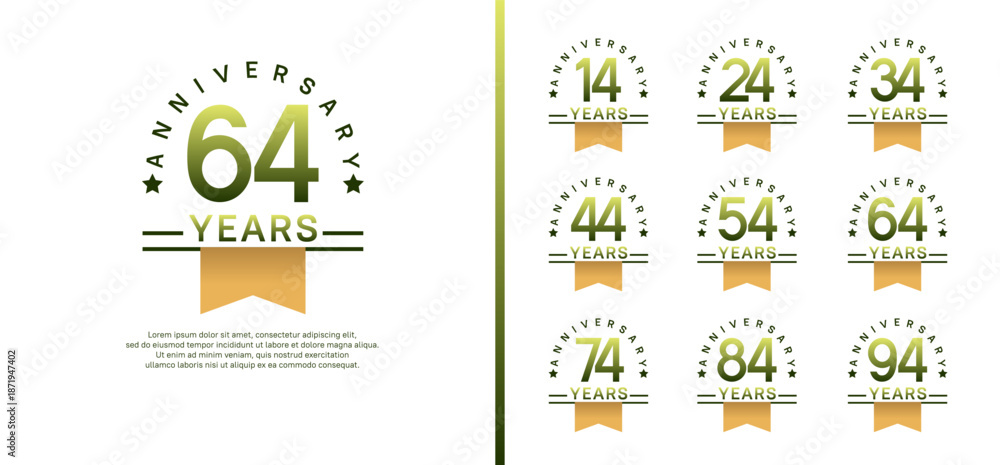 Fototapeta premium set of anniversary logo style with yellow ribbon. vector design green color for celebration