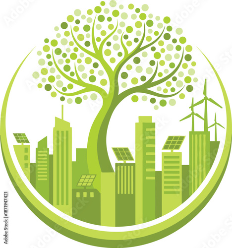 Green sustainable city with tree renewable energy solar panels wind turbines symbolizing eco friendly urban environment and future sustainability illustration