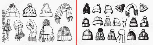 winter hat illustration, warm clothing drawing, knitted beanie artwork, cold weather design, hand drawn hat clipart, cozy apparel illustration, stock winter artwork

