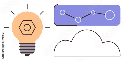 Data analysis, cloud computing, innovation, technology solutions, creative thinking, digital trends. Lightbulb, graph with points and a cloud. Innovation and cloud computing concepts