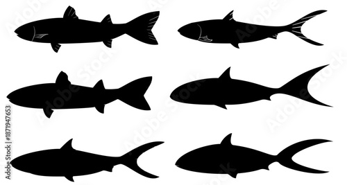 6 sets of imaginary silhouette designs of mullet and milkfish, isolated on a white background. vector