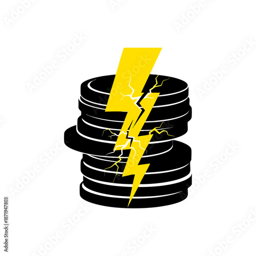Stack of black coins with a yellow lightning bolt symbol representing energy power or financial impact