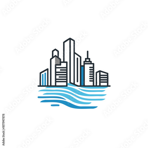 Modern city skyline with high rise buildings and waterfront at dusk ideal for urban development and architecture themes