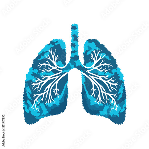 Detailed medical illustration of human lungs showing bronchial tubes and alveoli in vibrant blue colors for health and anatomy concepts
