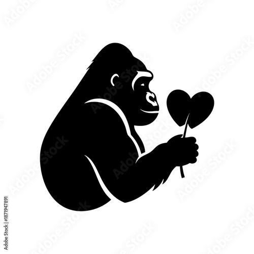 Silhouette of a gorilla holding a heart shaped object in its hand symbolizing love compassion and wildlife conservation