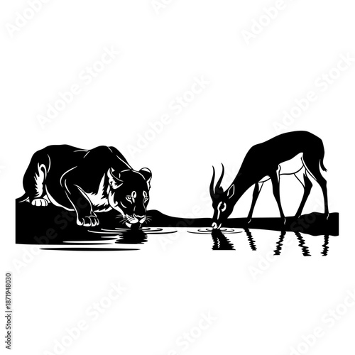 Silhouettes of hippopotamus and antelope drinking water from a river in a natural landscape during daylight