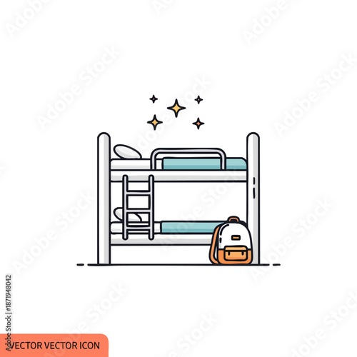 Minimalist illustration of a bunk bed in a child s bedroom with backpack and decorative stars