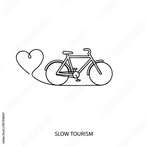 Minimalist line drawing of a bicycle with a heart shape on a plain white background representing love for cycling and slow tourism