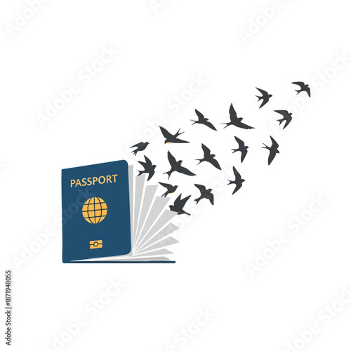 Travel concept with passport and flying birds symbolizing adventure and international journeys