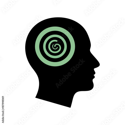 Silhouette of a human head in profile with a spiral symbol representing concentration and mental focus for health and wellness themes