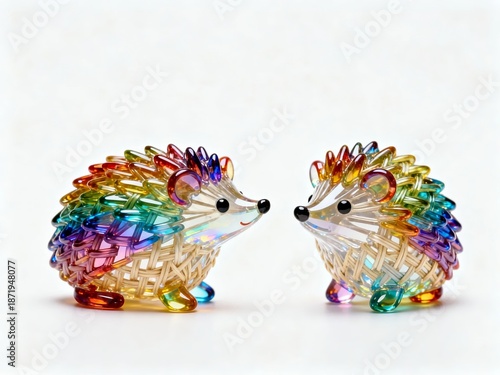 Two colorful glass hedgehog figurines with rainbow hues and intricate woven patterns facing each other on a white background