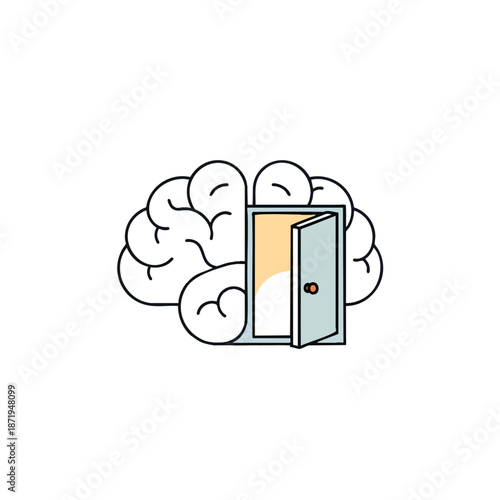 Creative representation of an open door amid a cloud of thought with a minimalist design symbolizing imagination and mental exploration