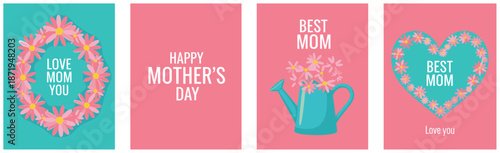 Happy Mothers Day greeting card set with floral wreath heart and watering can vector illustration