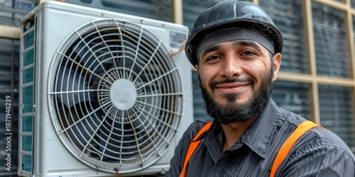Confident Worker Smiling Near Air Conditioning Unit