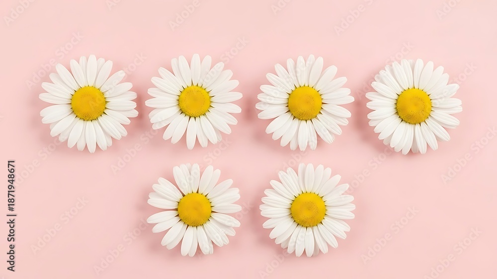 Obraz premium Beautiful white daisies arranged on pastel pink background in a minimalist style