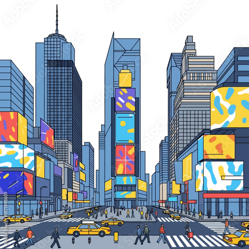 Times Square Illustration: Busy City Street with Tall Buildings and Digital Billboards