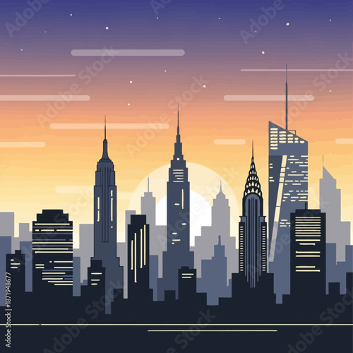 New York City Skyline at Sunset, Flat Design, Iconic Skyscrapers Silhouette