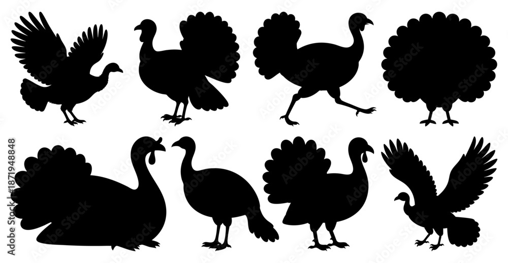 Naklejka premium Turkey Bird Silhouette Vector Set Isolated on Transparent Background