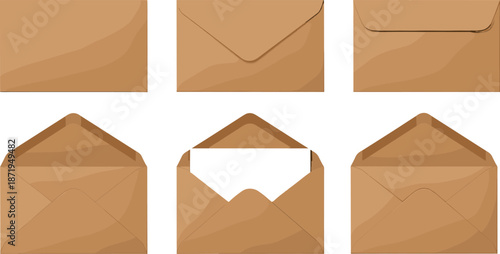 Brown envelope icons in open and closed styles for stationery, packaging, communication, and correspondence-themed visuals