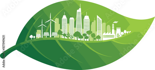 Green sustainable city inside leaf with eco buildings renewable energy wind turbines and environmental friendly smart urban future concept