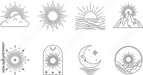 Celestial sun moon and landscape icons set editable outline stroke mystical vector illustration